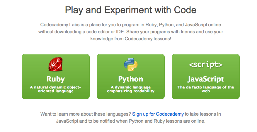 Codecademy Labs screenshot. I didn't realize that there were even Ruby and Python options back then.